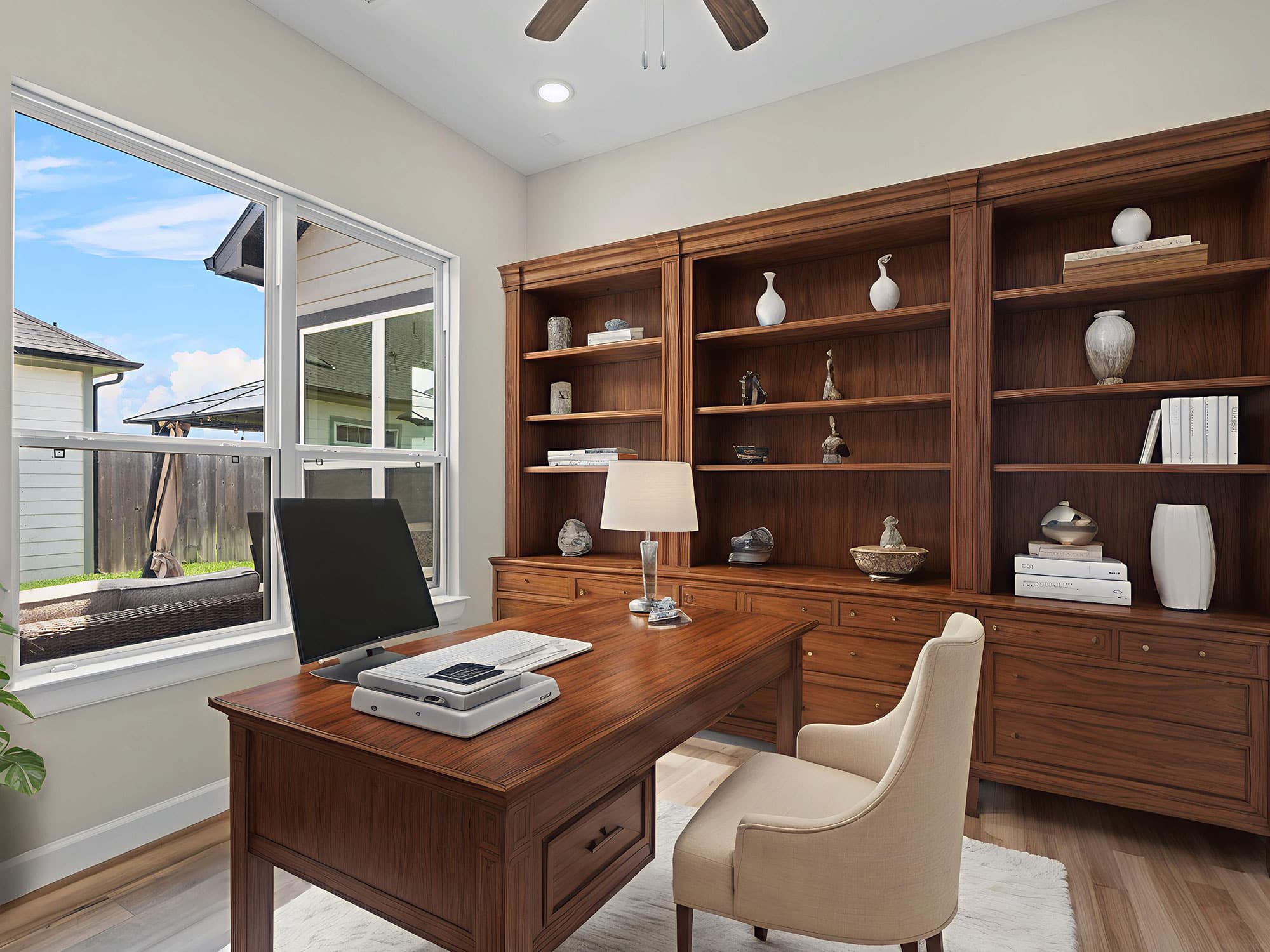 Promenade III flex room styled as a home office with bookcase at 1214 Hidden Oaks Dr