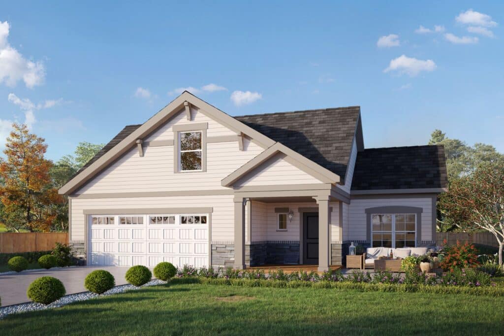 PALAZZO C_Left Swing - New Homes in Houston & Tomball, TX | ROC Homes Palazzo floor plan home with front porch and two-car garage at Winfrey Estates