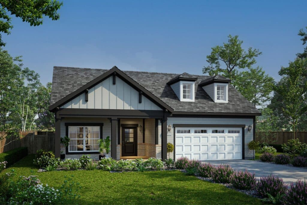 Promenade III B_Right Swing - New Homes in Houston & Tomball, TX | ROC Homes Promenade III courtyard home with dormer and two-car garage at Winfrey Estates